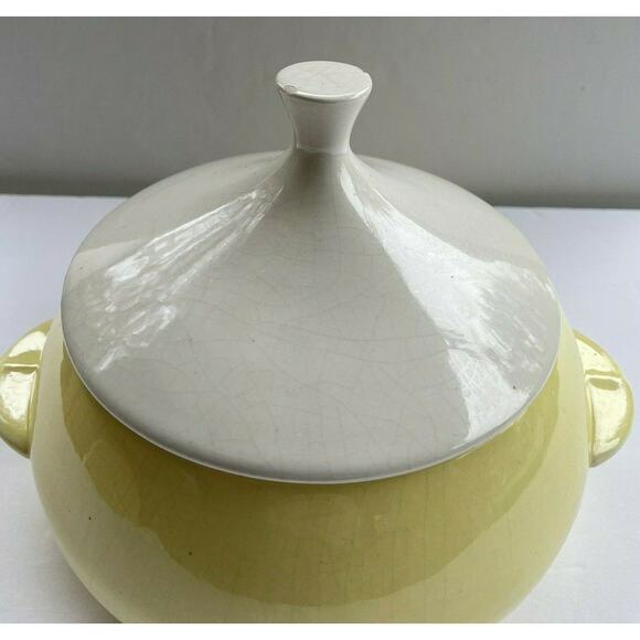 vtg covered dish calif pottery yellow white top SC3 mcm Calif USA mark on bottom - Picture 7 of 11